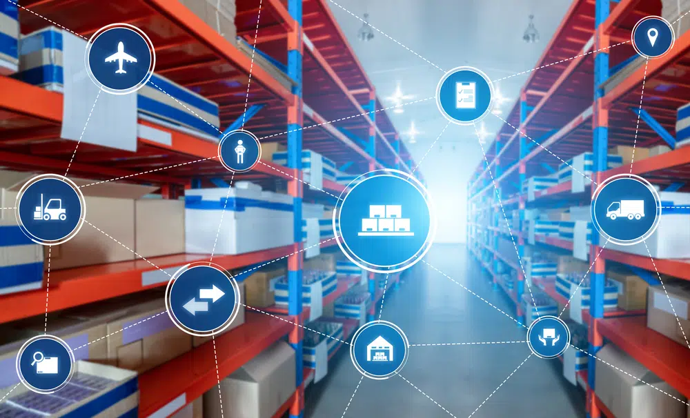 Photo of warehouse shelves stacked with boxes. Transposed onto is an illustration of an Internet application.